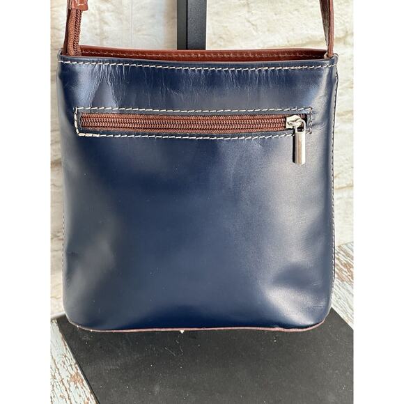 Vera Pelle Italian Leather Handbag Crossbody Blue With Brown Silvertone - Picture 15 of 16